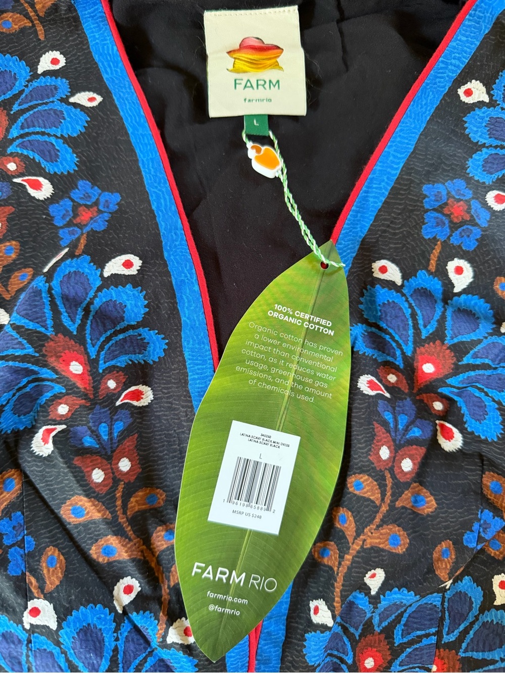 Farm Rio Black Latina Scarf Puff Sleeve Mini Dress NWT $248 Size Large Cotton - Picture 9 of 9